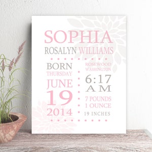 Birth Stats Baby Girl, Birth Announcement New Parent Gift, Nursery Art Personalized CANVAS or Print   Custom  Baby Shower Gift Pink Gray