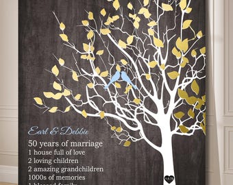Gift for Parents Golden Anniversary, Custom 50th Anniversary, Canvas Print, Keepsake Gift Personalized Sign, Tree of Life Birds