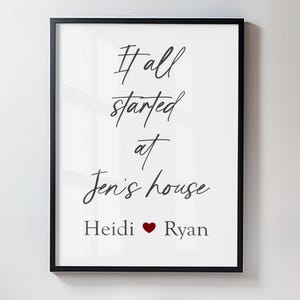 a framed poster with the text "It all started at Jen's house" and the names "Heidi" and "Ryan" below it.