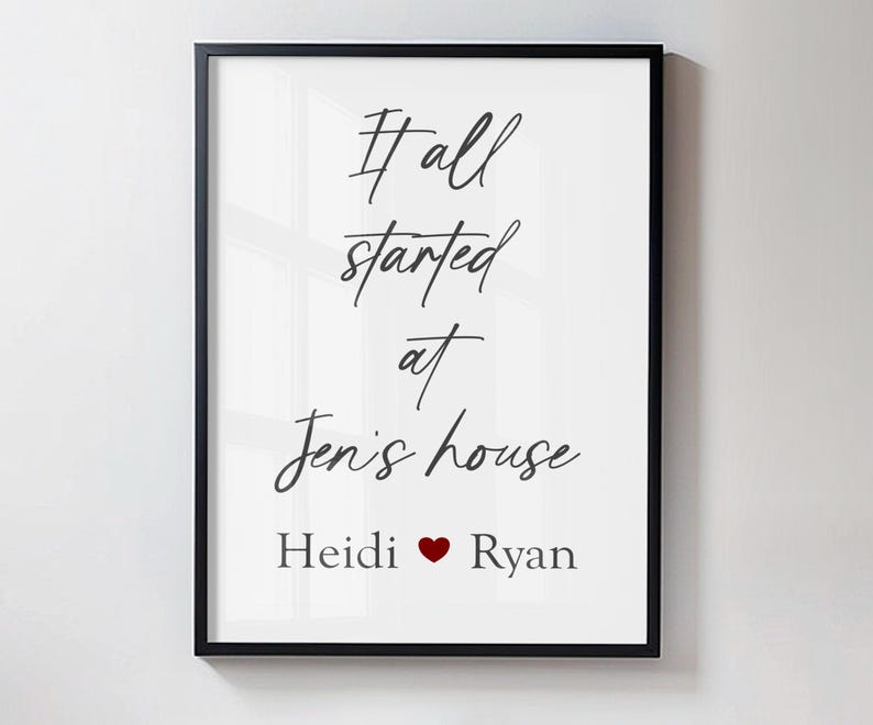 a framed poster with the text "It all started at Jen's house" and the names "Heidi" and "Ryan" below it.