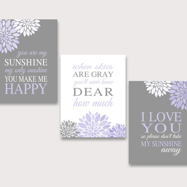 You Are My Sunshine Nursery Art Lavender Gray Flowers CANVAS or Print Lyrics Wall Art Set of 3 Baby Shower Gift Baby Girl Wall Decor Lilac