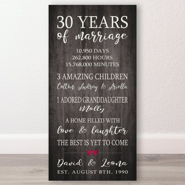 30th ANNIVERSARY GIFT for Husband, Personalized anniversary sign with Names, Couples Wedding Anniversary Gift, large custom art