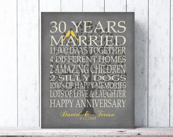 30 Year Anniversary Gift Personalized  30 Years Gift Canvas or Print Sign Marriage Wall Art ANY YEAR & Color Custom   Gray Yellow
