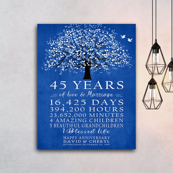 45th Anniversary Gift, 45 Year Wedding Anniversary, Parents Gift, Sapphire Blue, Custom Personalized Sign with Tree and Birds