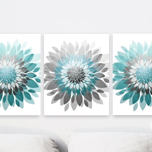 Turquoise Gray Abstract Floral Art, set of 3, wall decor, canvas or prints for bathroom, bedroom, flower burst, large artwork  three piece