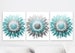 Turquoise Gray Abstract Floral Art, set of 3, wall decor, canvas or prints for bathroom, bedroom, flower burst, large artwork  three piece 