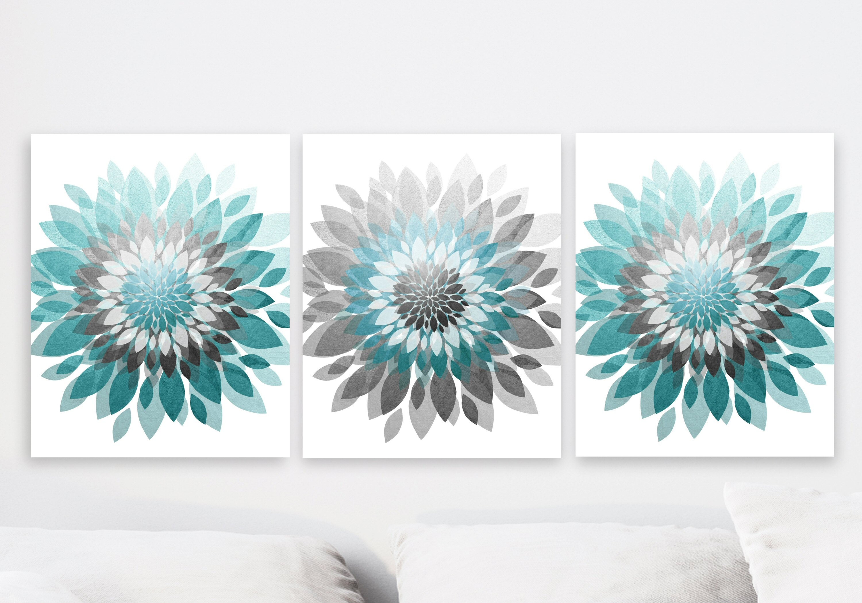 Turquoise Gray Abstract Floral Art Set of 3 Wall Decor | Etsy