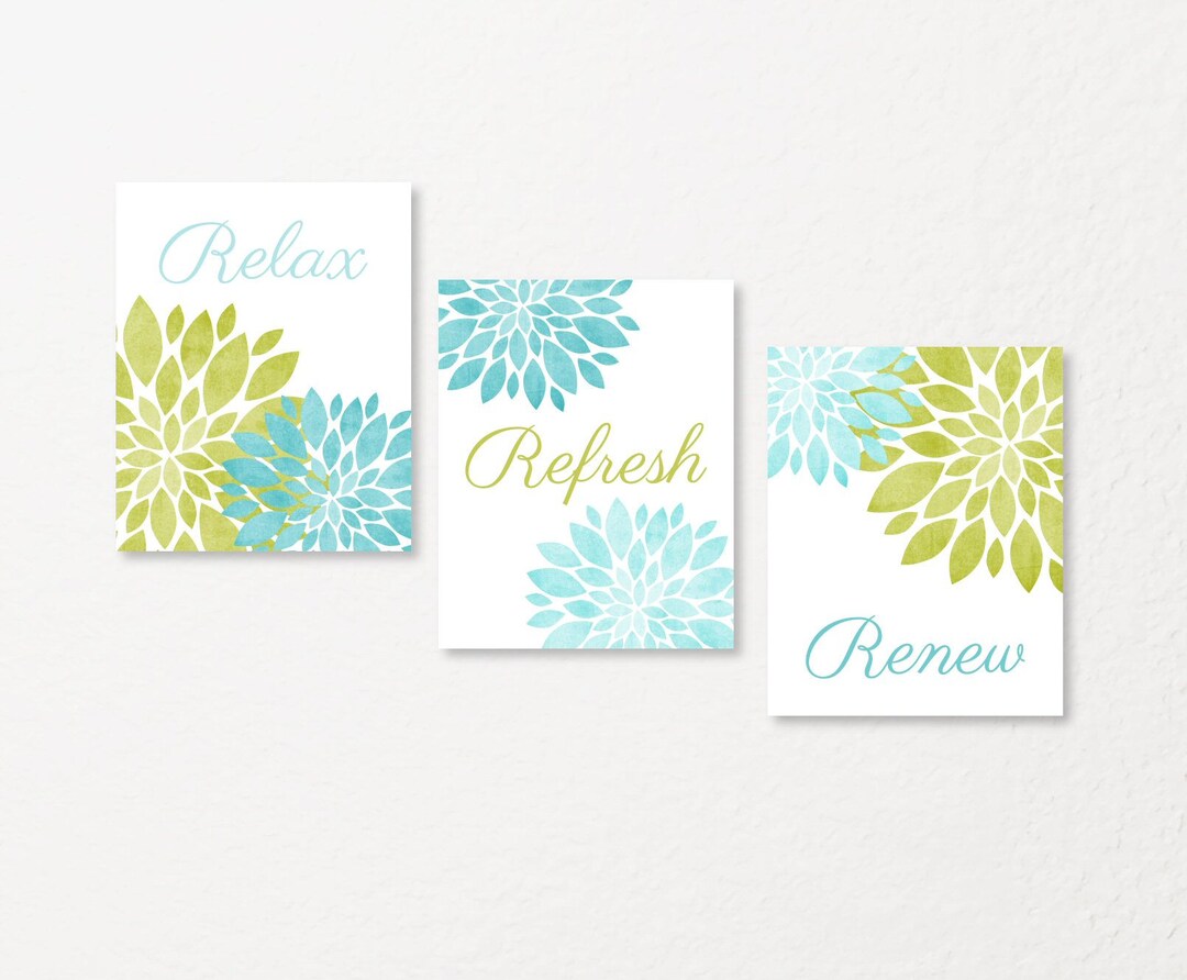 Lime Turquoise, Bathroom Wall Art Set, Relax Refresh Renew,prints or