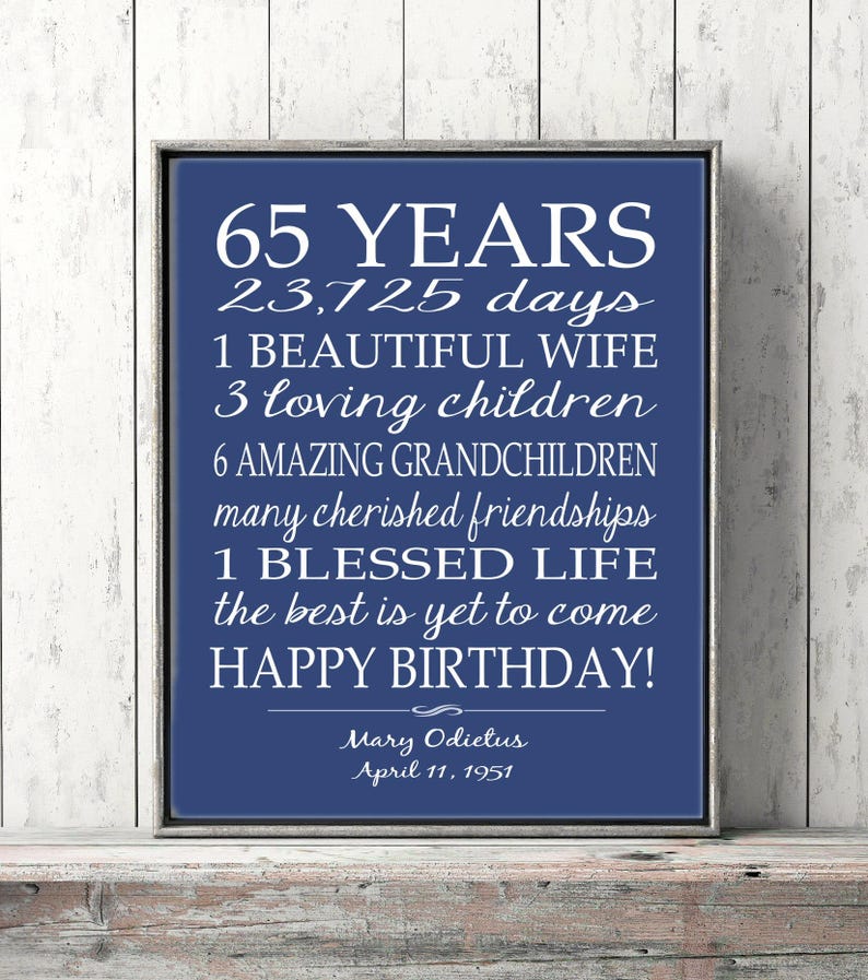 65th BIRTHDAY GIFT Sign Print Personalized Art Mom