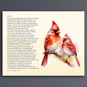 Regalo para mamá Pájaros cardenal Poema sentimental de agradecimiento, carta a mamá de hija o hijo Ideas para regalos de Navidad para madre Letrero personalizado