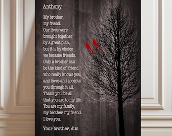 Personalized BROTHER GIFT, Brother Poem Custom Sign, Print or Canvas, Birthday, Christmas Present, Tree Red Birds, Faux Wood