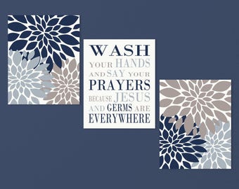 BLUE BROWN Wash Your Hands Art, Bathroom Wall Decor Set, Germs Jesus Saying Flower Prints or Canvas Custom Colors Grayish Denim Blue