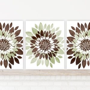 Brown, Sage Green Flower Burst Wall Art, Set of 3, Watercolor Decor, Bathroom, Bedroom, Office Abstract Floral Artwork, Canvas or Prints