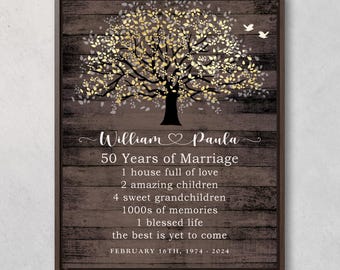 May include: A framed wall art print on a dark wood-grain background featuring a tree with gold leaves and two white birds. Text reads: William and Paula, 50 Years of Marriage, 1 house full of love, 2 amazing children, 4 sweet grandchildren, 1000s of memories, 1 blessed life, the best is yet to come, February 16th, 1974 - 2024.