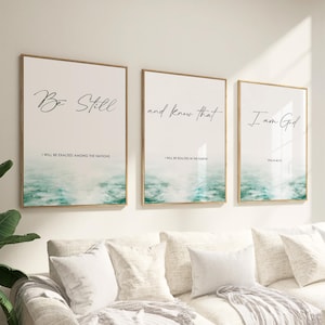 Be Still and Know Psalm 46:10 Set of 3 Wall Art, Canvas or Prints Watercolor Beach Cottage aesthetic Scripture Bible Verse Decor three piece