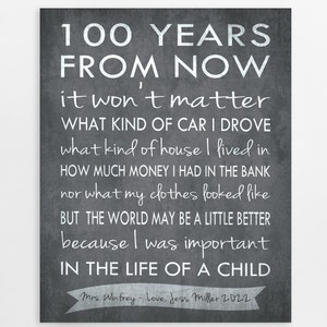 100 Years From Now, Teachers Gift, Personalized Name, Poem, I was important in the life of a child, Teacher Appreciation Sign