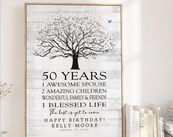 50th Birthday Sign, Custom Art, Personalized with Tree, Bird, Name,  50 Birthday Canvas Print Party Decor