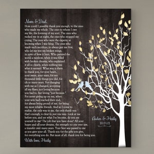 Parents Gift Wedding, Thank You Poem Mom & Dad, Personalized set of two, from Bride, Groom / Daughter, Son, Custom Keepsake Sign Tree Birds