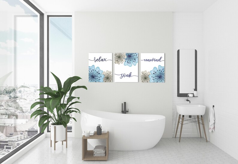 Dusty Blue BATHROOM Art Watercolor Relax Soak Unwind Flower Etsy