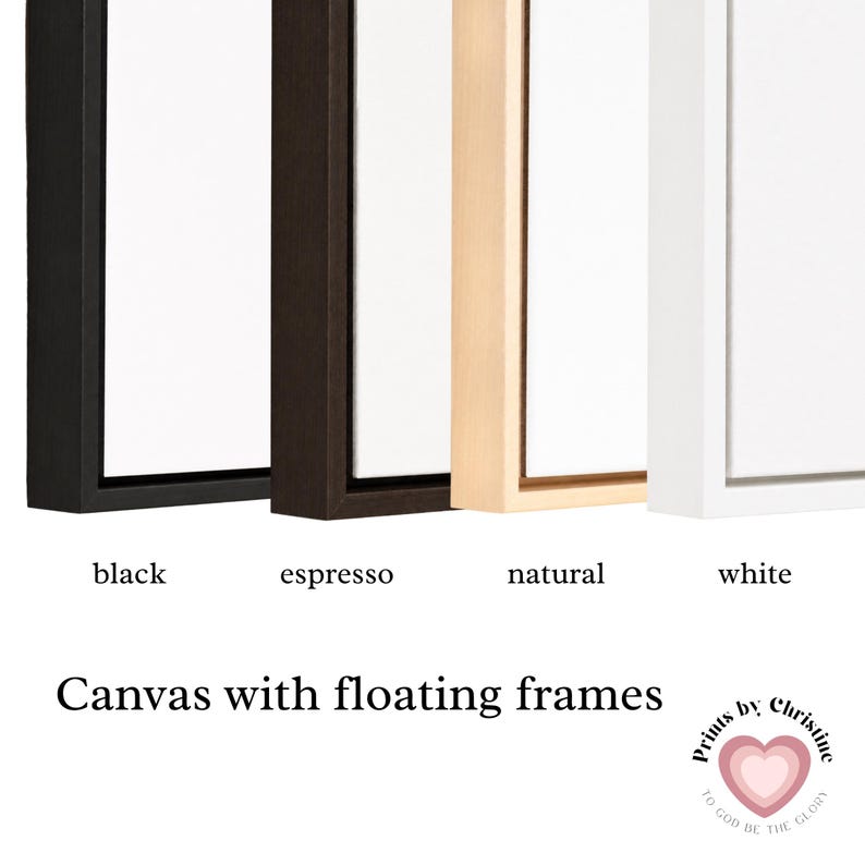 four different colored floating frames, each with a black, espresso, natural, and white frame. The text below the frames reads "Canvas with floating frames" and "Prints by Christi" with a heart symbol.