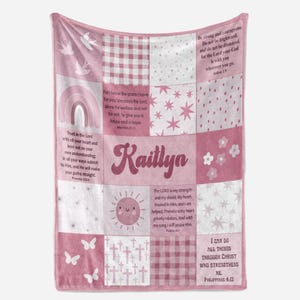 Girls Personalized Scripture Blanket, Christian Gift, Boho Pink Baby Girls Gift, Bible Verses, Baptism Gift with Name Patchwork Blanket