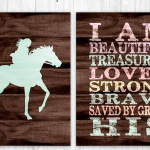 Horse Lovers Gift Idea for Girls I am HIS Canvas or Print Set Inspirational Quote in Rustic Faux Wood Girl Riding Horse Wall Art Print