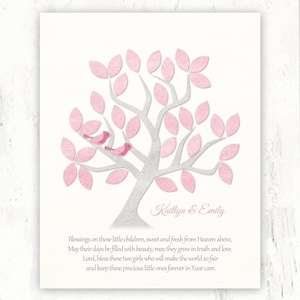 Twins Dedication Gift Twin Baby Girls Canvas Print Baptism Blessing Quote Personalized Name Tree Bird Christening Purple or Pink