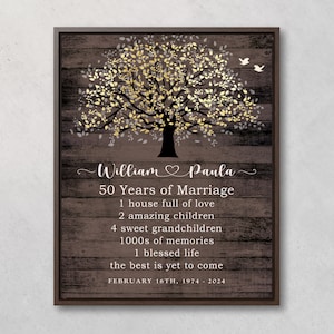 Gift for Parents Golden Anniversary, Personalized 50th Anniversary Gift, Family Tree Canvas Print, Custom Keepsake Gift Faux Gold/Wood