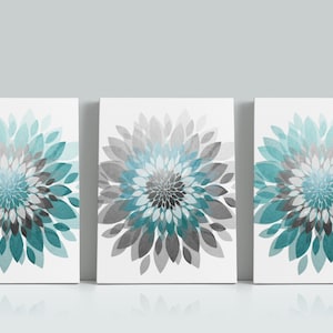 Teal and Gray Flower Burst Set of 3, Wall Art, Abstract Florals, Bedroom, Bathroom, Living Room, Modern Distressed, Custom Canvas or Prints