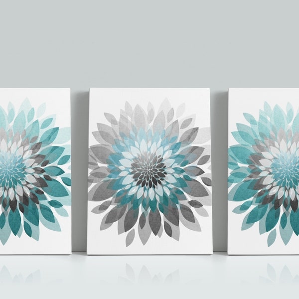 Teal and Gray Flower Burst Set of 3, Wall Art, Abstract Florals, Bedroom, Bathroom, Living Room, Modern Distressed, Custom Canvas or Prints