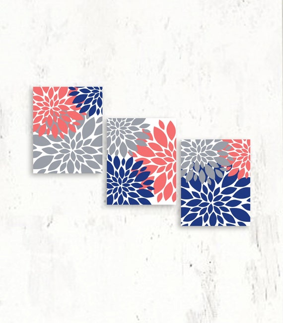 Coral Navy Blue Gray Flowers Bathroom Wall Art Canvas Or Prints Bedroom Decor Custom Flower Burst Set Customized Nursery Decor Gift Sale