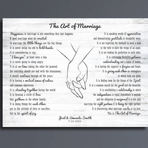 The Art of Marriage Poem, Personalized Wedding Gift, Anniversary Gift, Marriage Quotes, line drawn hands holding, minimalist Couples Gift