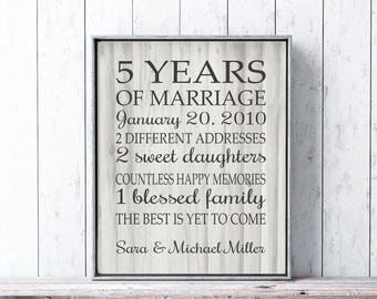 5th Anniversary Gift Print or Canvas 5 Years of Marriage Personalized Gift for Husband or Wife  Marriage Art Modern Faux Wood Custom Years