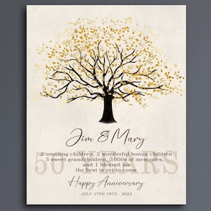 50th anniversary gifts for parents, Personalized 50 year golden anniversary 50th family tree custom print, canvas or framed 50th Mom Dad