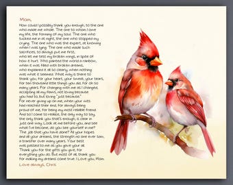 Gift for Mom Cardinal Birds Sentimental Thank you Poem, Letter to Mom from Daughter or Son Mother Christmas GIft Ideas Personalized Sign