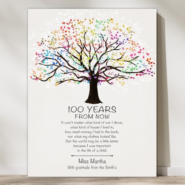Teacher Appreciation gift, Personalized Sentimental Poem, 100 Years from Now Custom Sign from Student, Christmas Gift Educators,