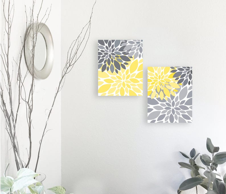 Yellow Gray Flower Petals Burst CANVAS or Print Set Home Decor Etsy