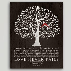 Love Never Fails 1 Corinthians Wedding Gift Christian Gift Idea, Love is Patient, Gift for Couples, Personalized Scripture, keepsake tree