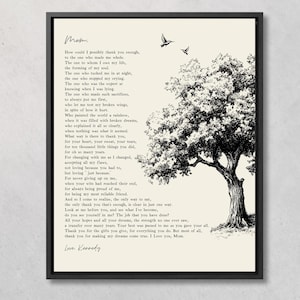 Mom Gift Hummingbirds Oak Tree, Personalized Poem Framed Canvas, Sentimental Poem, Sketch Drawing Modern Minimalist Print Custom