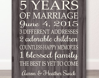 5 Years Anniversary Gift - PRINT or CANVAS Personalized 5th Anniversary - Faux Wood or Custom Colors - Wedding Anniversary