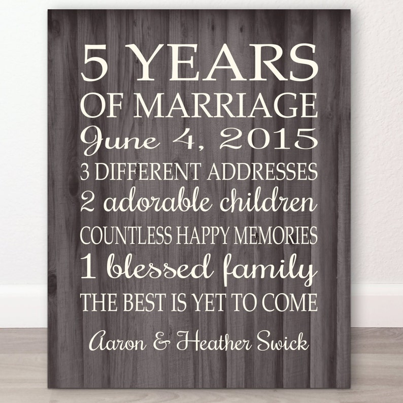 5 Years Anniversary Gift PRINT or CANVAS Personalized 5th Anniversary Faux Wood or Custom Colors Wedding Anniversary image 1