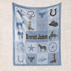 Cowboy Baby Blanket Gift, Baby Shower Horse Blanket, Western Swaddle Baby Gift, Personalized Blanket For Kids, Custom Name Blanket Blue