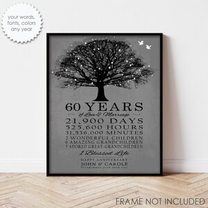 Regalo de 60 aniversario para padres y abuelos. Aniversario de diamante personalizado. 60 años de matrimonio. Regalo sentimental personalizado. Lienzo/impresión. imagen 2