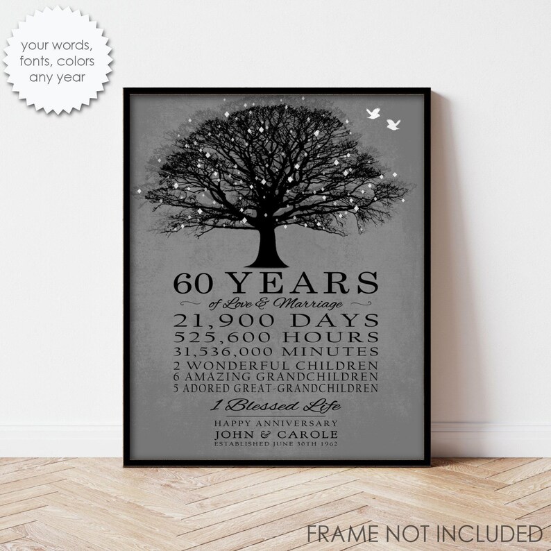 Regalo de 60 aniversario para padres y abuelos. Aniversario de diamante personalizado. 60 años de matrimonio. Regalo sentimental personalizado. Lienzo/impresión. imagen 2