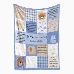 Personalized Scripture Blanket, Christian Gift, Woodland Animals Baby Boy Gift, Bible Verses, Baptism Gift with Name Patchwork Blanket