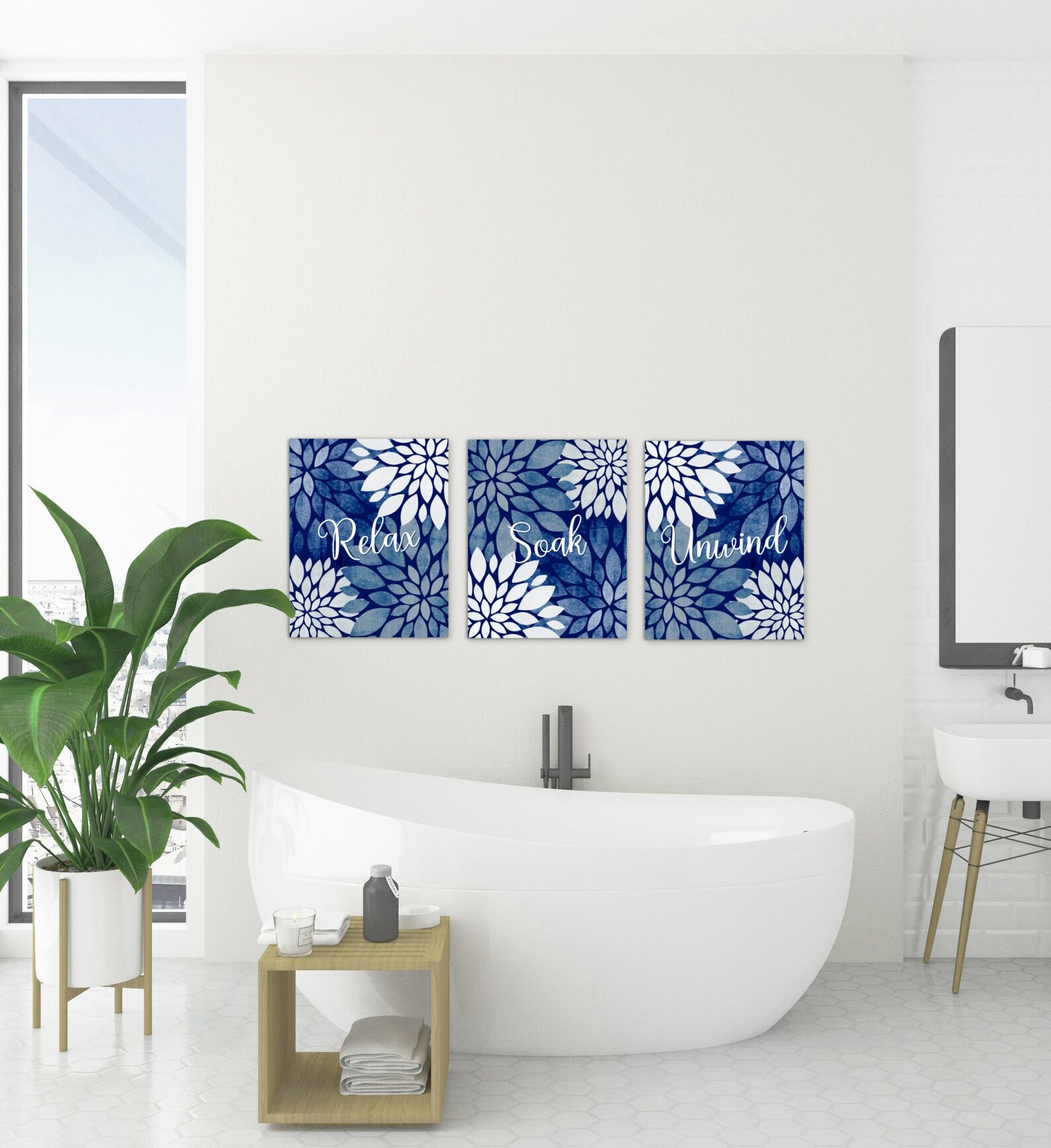 BLUE BATHROOM Wall Art 3 piece Set Indigo Denim Relax Soak