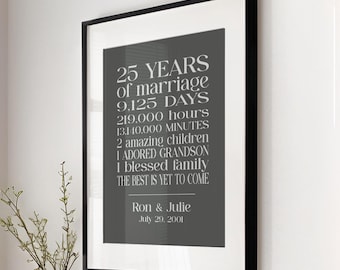 May include: A framed wall art print featuring white text on a dark gray background. The text reads: 25 YEARS of marriage, 9,125 DAYS, 219,000 hours, 13,140,000 MINUTES, 2 amazing children, 1 ADORED GRANDSON, 1 blessed family, THE BEST IS YET TO COME, Ron & Julie, July 29, 2001.
