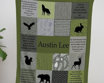 Scripture Blanket with Name: Woodland Animals Forest Green,  Baby Boy Gift, Bible Verses, Baptism Gift Patchwork Blanket, Christian Gift