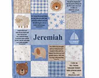 Personalized Scripture Blanket, Christian Gift, Woodland Animals Baby Boy Gift, Bible Verses, Baptism Gift with Name Patchwork Blanket