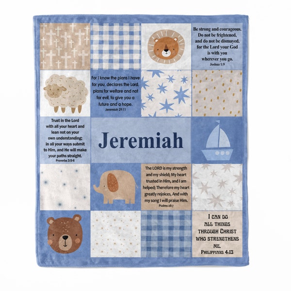 Personalized Scripture Blanket, Christian Gift, Woodland Animals Baby Boy Gift, Bible Verses, Baptism Gift with Name Patchwork Blanket